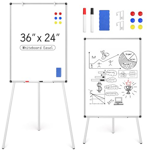 Magnetic Whiteboard Easel Stand, Dry Erase 36 x 24 White Board with Height Adjustable Tripod Stand, 3' x 2' Flipchart Easel Stand Presentation Board, 6 Magnets, 1 Eraser, 2 Pens