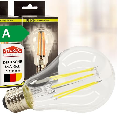 max K O M F O R T 6x LED E27 Glühbirne Filament – 3,8W ersetzt 60W, Energieklasse A, 806 Lumen, Warmweiß (3000K), 50.000h Lebensdauer Leuchtmittel 360° Lampe