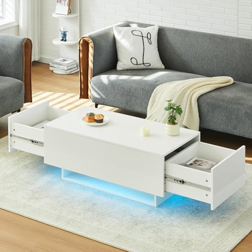 CLIPOP LED Couchtisch Hochglanz, Wohnzimmertisch mit 2 Schubladen, einstellbaren Lichtfarben, Fernbedienung, Teetisch für Wohnzimmer, Sofatisch Weiß 100x50x42cm