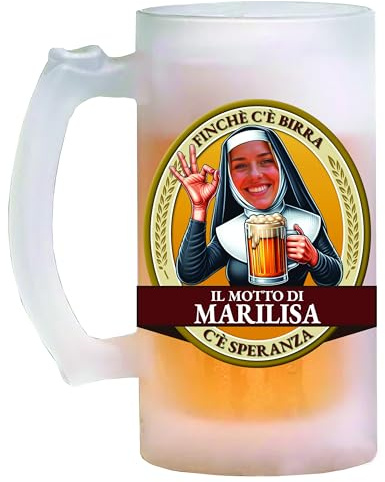 Bombo Boccale da birra in vetro personalizzato con il nome e la faccia della festeggiata etichetta Suora
