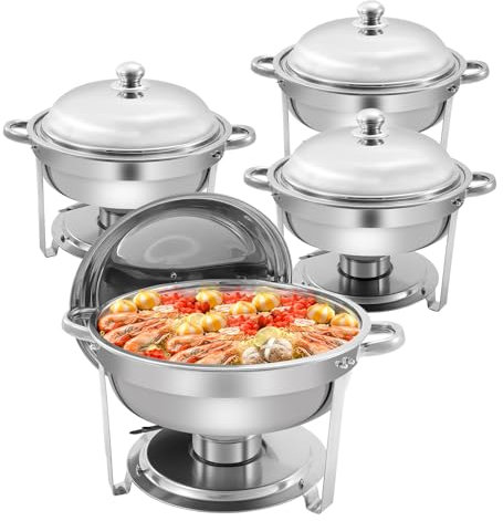 PRIJESSE Chafing Dish Buffet Set, 5.5L Round Chafers for Catering with Lids, Foldable Frames, Fuel Holders, Stainless Steel Food Warmers for Parties Buffets Banquets Dinners (4 Pack)