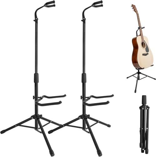 New Bee Guitar Stand, 2 Pack Height Adjustable Foldable Guitar Stand with Secure Support for Acoustic, Electric, Bass and Banjos, Load Capacity 20LB