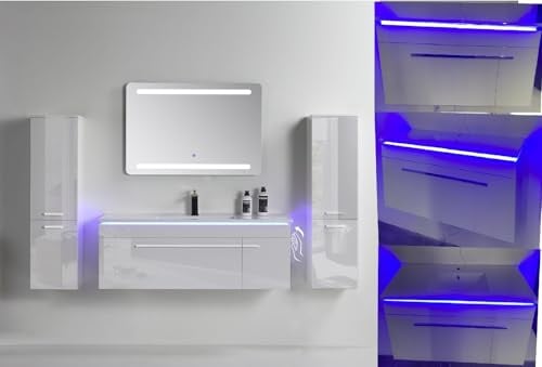 Hochglanz Badmöbel-Set mit LED-Spiegel, Soft-Close Unterschrank & Keramik-Waschbecken – erhältlich in 60 cm, 90 cm & 120 cm – inkl. 2 Seitenschränken (Weiß Hochglanz, 120 cm Unterschrank)