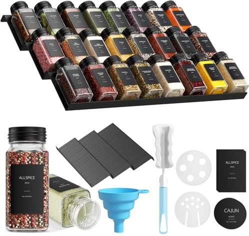 BugyKido Spice Jars with Lids and Labels, 24PCS Spice Rack with Spices Included, 120ml Spice Rack with Jars, 372 Labels, 48 Shaker Inserts, Funnel & Brush, Kitchen Spice Organiser Drawer