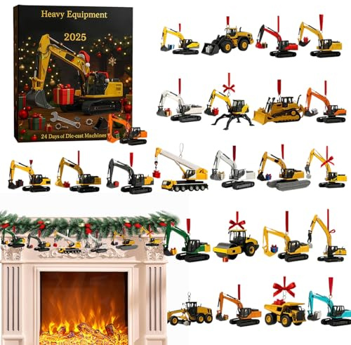 Adventskalender 2025 für schwere Ausrüstung – 24 Druckguss-Baumaschinen, Lastwagen, Schaufeln, Krane, Bulldozer | Weihnachts-Countdown-Geschenk