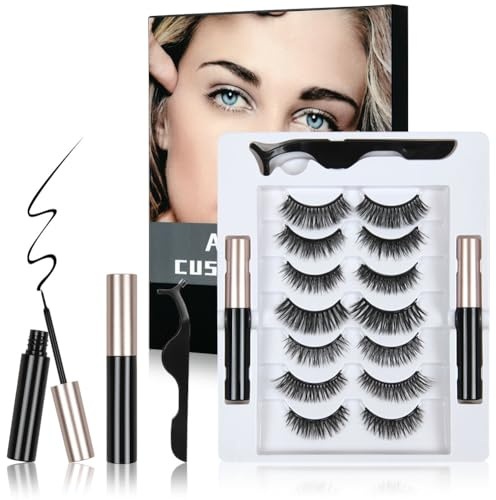LOPHE Eyelashes Magnetic Lashes, 7 Pairs Reusable Thick False Eyelashes | with 2 Tubes of MagneticEyeliner, Faux Mink Fake Eyelashes, Natural Look False Eyelashes, 3D Curly False Lashes Kit