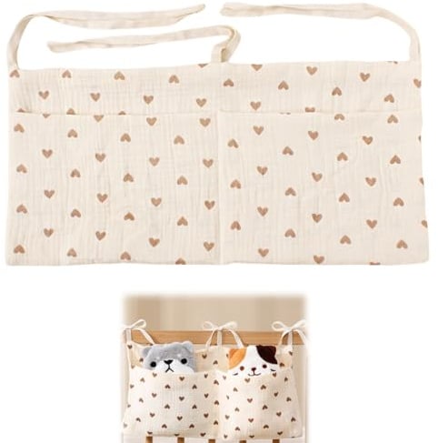 GNALIA Babybett Organizer 1 Stück Cremeweiß Mit Herzchen, 38X18Cm Hängender Aufbewahrungsorganizer Für Windeln, Kleidung Und Spielzeug
