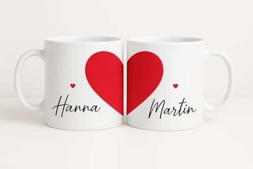 Set di 2 Tazze Personalizzate Pet-Jos – Tazze Personalizzate con Nomi e Design a Cuore; Tazze di Ceramica per Caffè per Coppie; Regalo per Lui e per Lei.