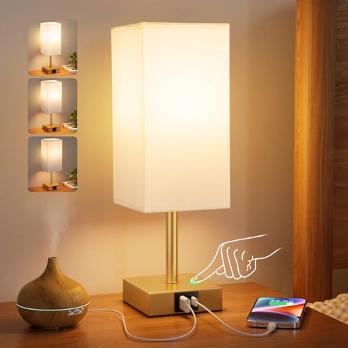 Aooshine Gold Touch Lamp, Touch Lamps Bedside with USB C+A Charging Ports, White Linen Shade(Bulb Included)