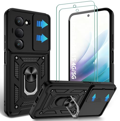 Jshru Handyhülle für Xiaomi Redmi 15 4G/5G Hülle (EU Version) mit 2 STK Schutzfolien,Militär Stoßfestes Schutzhülle Kameraschutz,360° Metall Ständer Fallschutz Case für Redmi 15,Schwarz