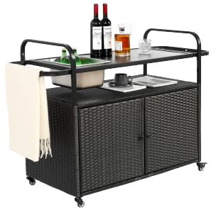 eisaro Outdoor Bartisch mit Rattanschrank & Eisbehälter – Mobiler Barwagen, Stahl-Arbeitsplatte, PE-Rattan, abschließbare Rollen, für Garten & Terrasse, Schwarz