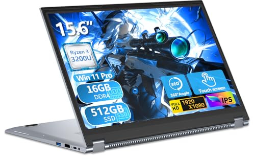 PC Portatile 2 in 1 Touchscreen 15,6 Pollici Ryzen R3-3200U (fino a 3,5 GHz), Win 11 Notebook 16GB DDR4 RAM 512GB SSD 360° Rotation Touchscreen FHD IPS, Laptop Tastiera Retroilluminata RJ45 WIFI5 HDMI