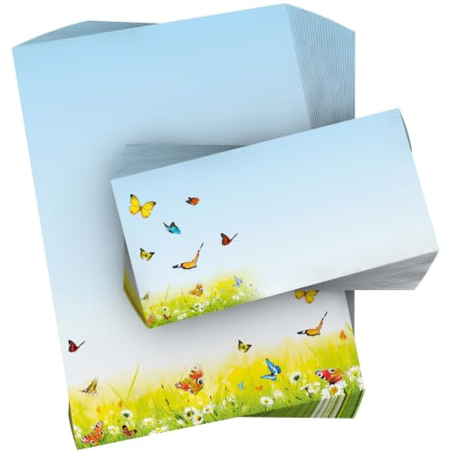 Motivpapier-Set 25 Blatt A4 + 25 Kuverts ohne Fenster | Gelbe Schmetterlinge | 90g/m² | DIN LANG-Kuverts | Laser/Ink/Copy/Hand | Made in Germany
