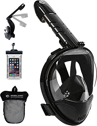 HELLOYEE Snorkel Mask 180° Panoramic View Breathe Free For Adults And Kids, Snorkeling Mask Full Face Anti-Fog Anti-Leak Design With Detachable Camera Mount (Foldable Black, S/M)