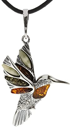Artisana-Schmuck Bernstein Anhänger Kolibri (mit Lederband), gefasst in 925/000 Sterling Silber