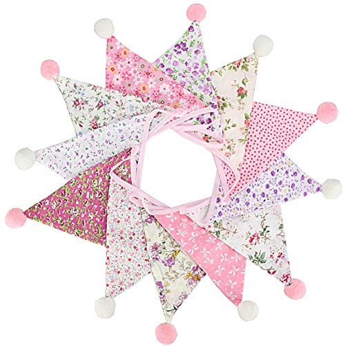 G2PLUS Blumen Wimpelkette mit Puschel: 4M Rosa Stoff Wimpel mit 12 STK Wimpeln, Floral Girlande im Vintage Stil für Geburtstag, Kinderzimmer, Prinzessinnenzimmer, Party