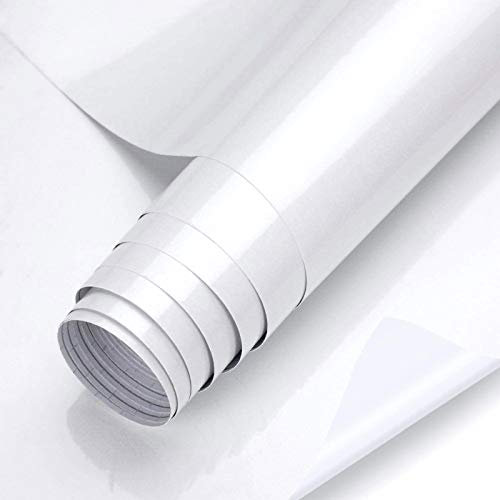 Rouleau de Vinyle Adhésif Blanc (Noir) Brillant (30,5cm X 500cm) -Adhésives Blanc (Noir) Permanentes de Qualité Supérieure, pour la Décoration de fête, autocollant, autocollant de voiture. (Blanc)