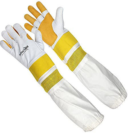 SAFTA Premium Quality Leather Beekeeping Gloves, Bee keepers Gloves for Professionals, Ventilated Long Sleeves, Elastic Cuffs Sting Proof Bee Glove, Thorn proof Gardening Work Gloves. XS to3XL (S)