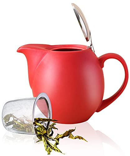 Yundu 32 ounce Red Porcelain Tea Pot - Stainless Steel Lid and Fine Infuser To Brew Loose Leaf Tea, Enough For 4 Cups