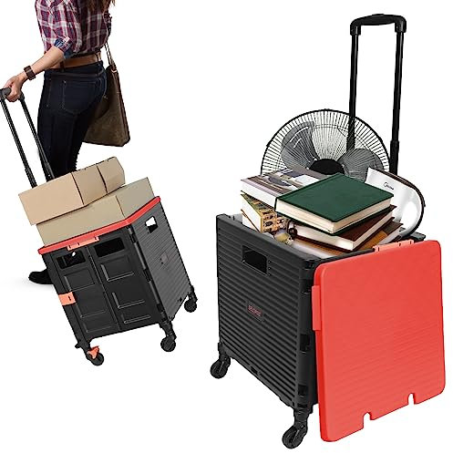 Einkaufstrolley Klappbar, Einkaufswagen Kunststoff Faltbar, Transport Trolley, bis 50 kg, Einkaufskorb mit Deckel, Ausziehbarer Alu Ausziehgriff, Mit Universal-Mute- 8 rädern, Rot