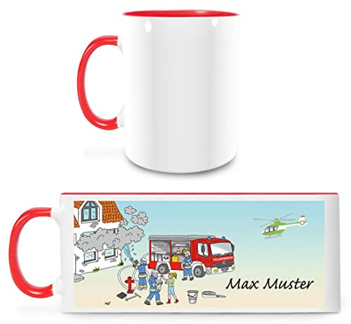 Manutextur Tasse mit Namen - personalisiert - Motiv Feuerwehr - viele Farben & Motive - weiß/rot - persönliches Geschenk mit Wunsch-Motiv und Wunsch-Name