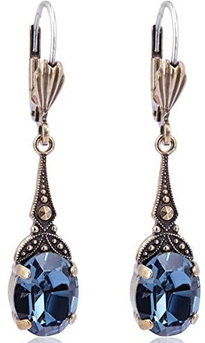 Goldene Jugendstil Ohrringe mit Markenkristallen Blau NOBEL SCHMUCK