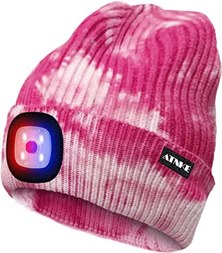 ATNKE LED Beleuchtete Mütze,Wiederaufladbare USB 4 LED Rot und Blau Leuchten Blinkender Laufmütze mit Licht Extrem Heller Lampe Winter Warme für Herren und Damen Geschenke/Tie Dye Pink
