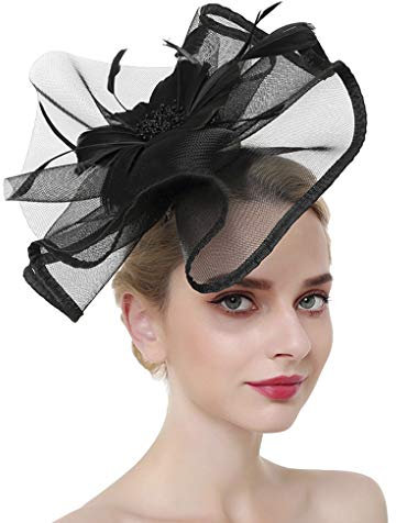 TINAYAUE Damen-Hut, Bibi, Hochzeit, elegant, Voile, Braut, Frisur, Vintage, Mini-Schleier, Hochzeit, Barett mit Feder, verziert, Zubehör für Kostüm, Abend, Party