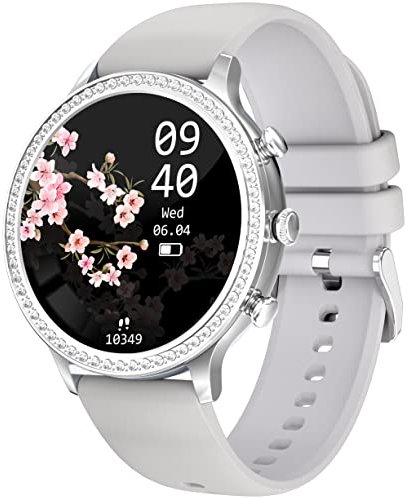 Smartwatch Telefonieren mit Lautsprecher,Fitnessuhr Damen Weiß Rund,Sportuhren Pulsuhr mit Blutdruck Schlafmonitor Schrittzähler Musikplayer Fitness Tracker für iOS und Android Silikonarmband