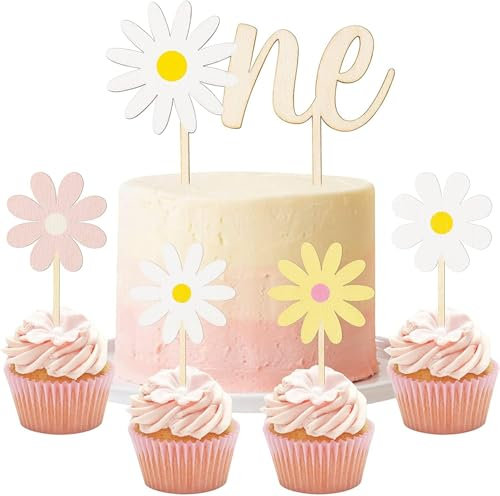 Haooryx 5Stück Gänseblümchen Hölzernes Tortendeko ONE Buchstabe Boho Blumen Cupcake Aufleger für Kinder Ein Jahr alt Geburtstag Baby Dusche Hochzeitstorte Dekoration Topper Dekoration Party Zubehör