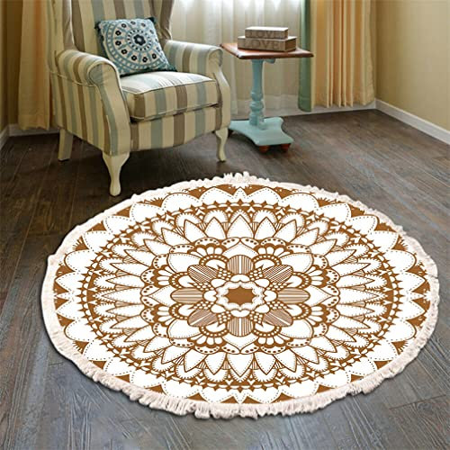 Bohemian Teppich Rund - Mandala Muster Mit Quasten, Waschbarer Baumwolle für Wohnzimmer Schlafzimmer (100cm, Braun)