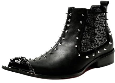 Rui Landed Uomini Patch Work Two Tones Elanstic Band Rivetti Borchie Decortaion Metal Punta a Punta Stivali Punk in Vera Pelle for Uomo (Color : Nero, Dimensione : 45 EU)