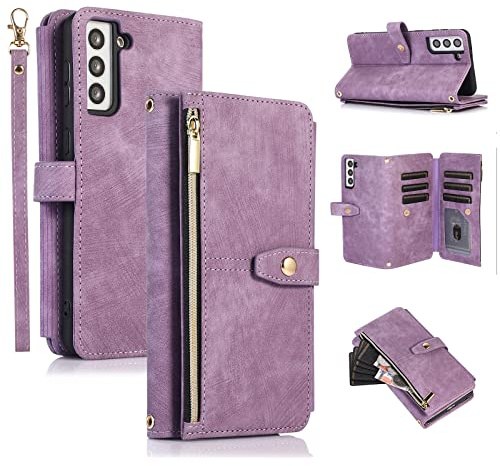 UEEBAI Hülle für Samsung Galaxy A54 5G, Leder Klapphülle, Retro Lila | 9 Kartenfäche Lederhülle mit Umhängegurt Handschlaufe Ständer Reißverschluss Handyhülle Magnetverschluss Wallet Flip Case