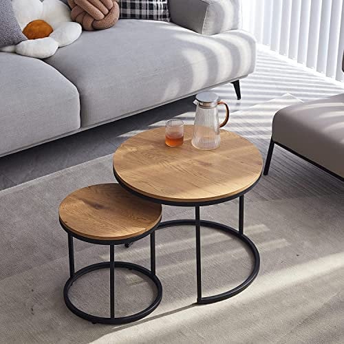 HJhomeheart Set de 2 Tables Gigognes Rondes, Tables Basses, Grande : 60 x 60 x 45 cm ; Petite : 40 x 40 x 35 cm, Marron Clair
