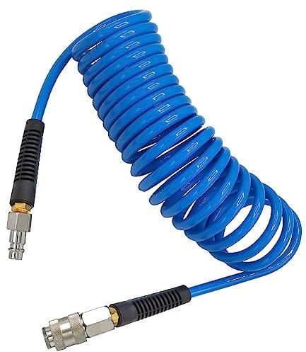 YOTOO Air Compressor Hose Polyurethane Recoil 5m Long 6mm ID x 9.5mm OD air hose with Bend Restrictor, 1/4 Europe Quick Coupler and Plug, Blue