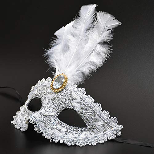 YJHWLF Maskerade Maske mit Feder, Frauen Venezianische Maske Halloween Party Mardi Gras Maske Karneval Augenmaske für Verkleidung Spitze Maske Kostüm Party,Interessantes Rollenspiel Zubehör (silbrig)