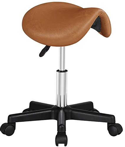 Yaheetech Tabouret Roulettes Professionnel PU Tabouret Ergonomique Selle De Cheval Anti Mal De Dos à Roulettes Pivotantes Hauteur Réglable 45,5-60 cm Brun Rétro