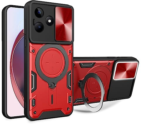 SEAHAI Funda para Realme Note 50 / Realme C53 / Realme C51, [Rugged Armour] Antigolpes Carcasa con Metálico Anillo Magnético Soporte y Cámara Deslizante Proteger, Anti-Caída Silicona Case - Rojo