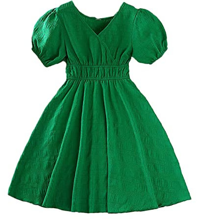 Geldtasche Mit Kette Sommerkleid für Mädchen, plissiert, Midikleid, Wickelkleid, V-Ausschnitt, Puffärmel, lässig, Chiffon, A-Linie, fließende Kleider Kleider mit Langen Ärmeln (Green, 13-14 Years)