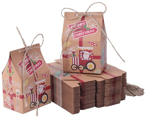 Kinsinder 50 Stück Weihnachten Geschenkbox,Kraftpapier Süßigkeitskästen, Party Geschenkboxen mit Hanfseilen für Weihnachtsfeier Dekorationen
