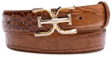 Sam Edelman Damen Doppeltes Logo, Krokodilstruktur Gürtel, Hellbraunes Krokodilleder, L