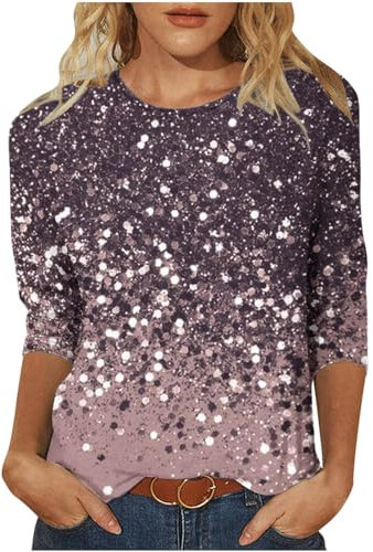 Damen-Top mit 3/4-Ärmeln in Übergröße, glitzernder Druck, Rundhalsausschnitt, Bluse für die Arbeit, lässiges Langarmshirt, Paillettenbluse für Damen, #8 Rosa, XXL, #8 Rosa, 48