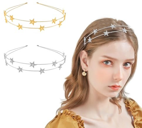 Goiern Stern-Stirnband Metall-Stern-Haarband Strass-Legierungs-Kopfbedeckung Dekorativer Kristall-Haarreifen Goldsplitter Haarschmuck für Frauen Party Mädchen(Gold+Silber)