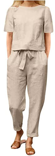 EMATOP Leinen Zweiteiler Damen Sommer Casual Hosenanzug 2 Teiler Kurzarm Tshirt und Lang Hose Freizeitanzug Leicht Einfarbig Sportanzug mit Taschen Tracksuit Elegant Baumwolle Workout Set