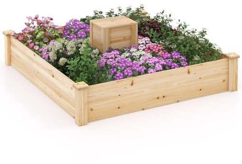 RELAX4LIFE Fioriera da Esterno 0,3m³/300L in Legno, Orto Rialzato con Contenitore di Compost, Aiuola Quadrata per Giardino/Balcone/Patio/Cortile, 124 x 124 x 25,5 cm