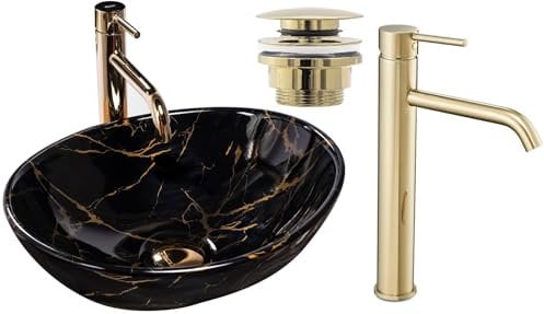 GTM Design Aufsatzwaschbecken Glanz Set mit Waschtischbatterie und Stopfen - Aufsatzwaschbecken Oval für Badezimmer - Modern Waschbecken ohne Hahnloch - Waschbecken mit Armature - Modell 11