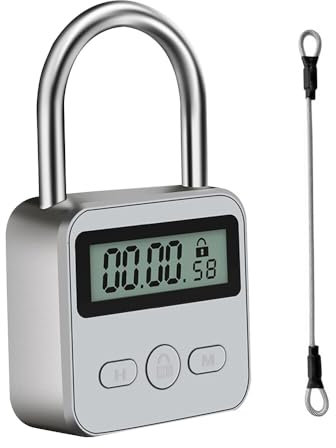 Digitale Zeitschloss, TGKYK Time Lock mit Seil und LCD-Display, USB Wiederaufladbar Intelligentes Zeitschloss, Zeitschloss Vorhängeschloss für Kontrolle Schlechter Gewohnheiten (Silber)