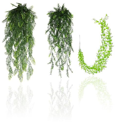 SNSYGN 3 Stück Terrarium Pflanzen, Hängepflanze Terrarium Zubehör Künstliche Pflanzen Plastikpflanzen Hängepflanzen Deko für Bartdrachen, Eidechsen, Geckos, Schlange, Haustiere