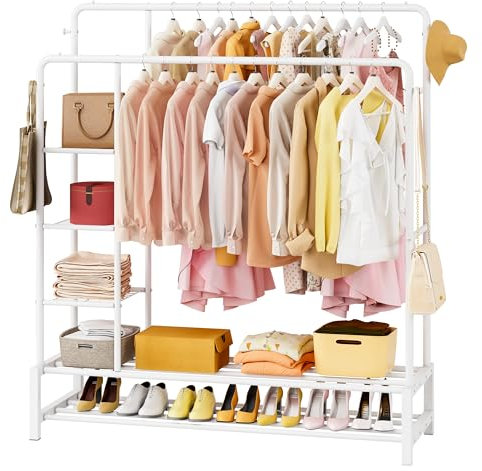 JOISCOPE Breite Kleiderständer, 170x120cm Kleiderständer aus Metall mit 2 Kleiderstange, 4 Haken, 3 Seitenregalen und 2 Unteres Schuhregal Multifunktional Kleiderständer mit Ablage, Weiß