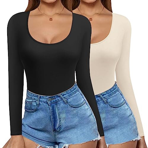 Ekouaer 2 Pack Long Sleeve Slim Fit T Shirt Thermal Tops Womens Scoop Neck Tops Shirts Basic Tight Tee, Beige+Black, M